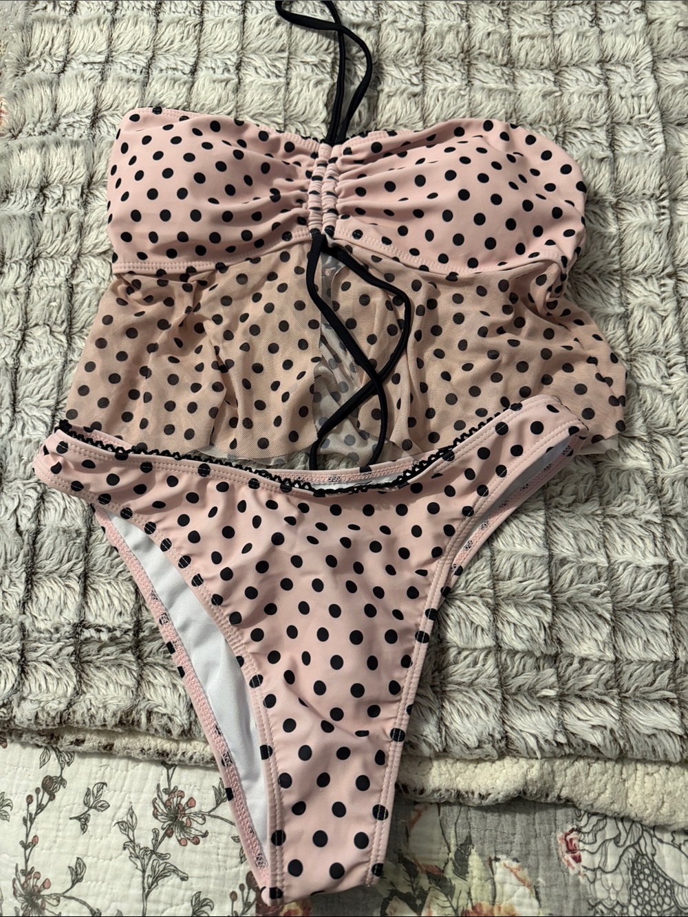 Women’s  Pink Polka Dot One-Piece Swimsuit with Black Trim